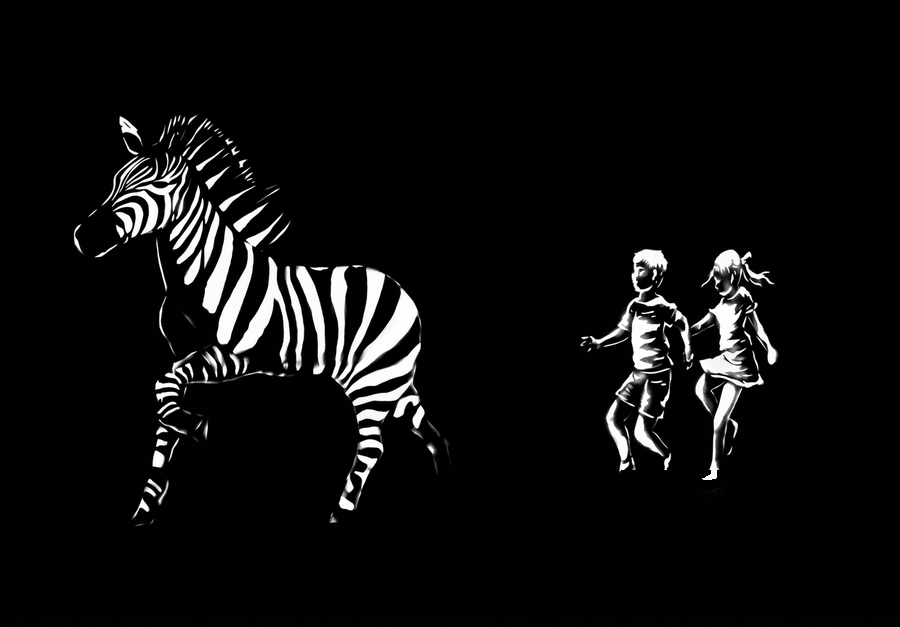 High-contrast black and white illustration of a zebra and two children running
