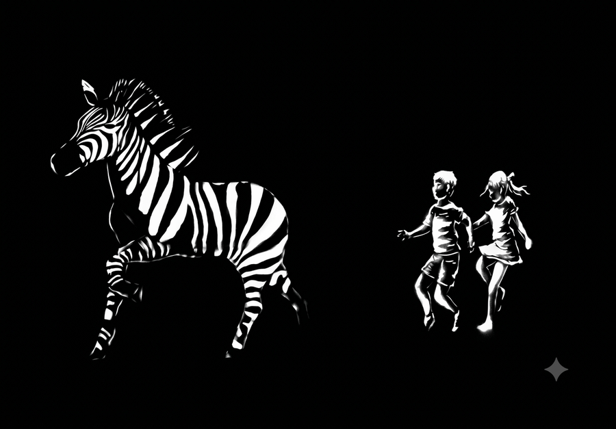 High-contrast black and white illustration of a zebra and two children running